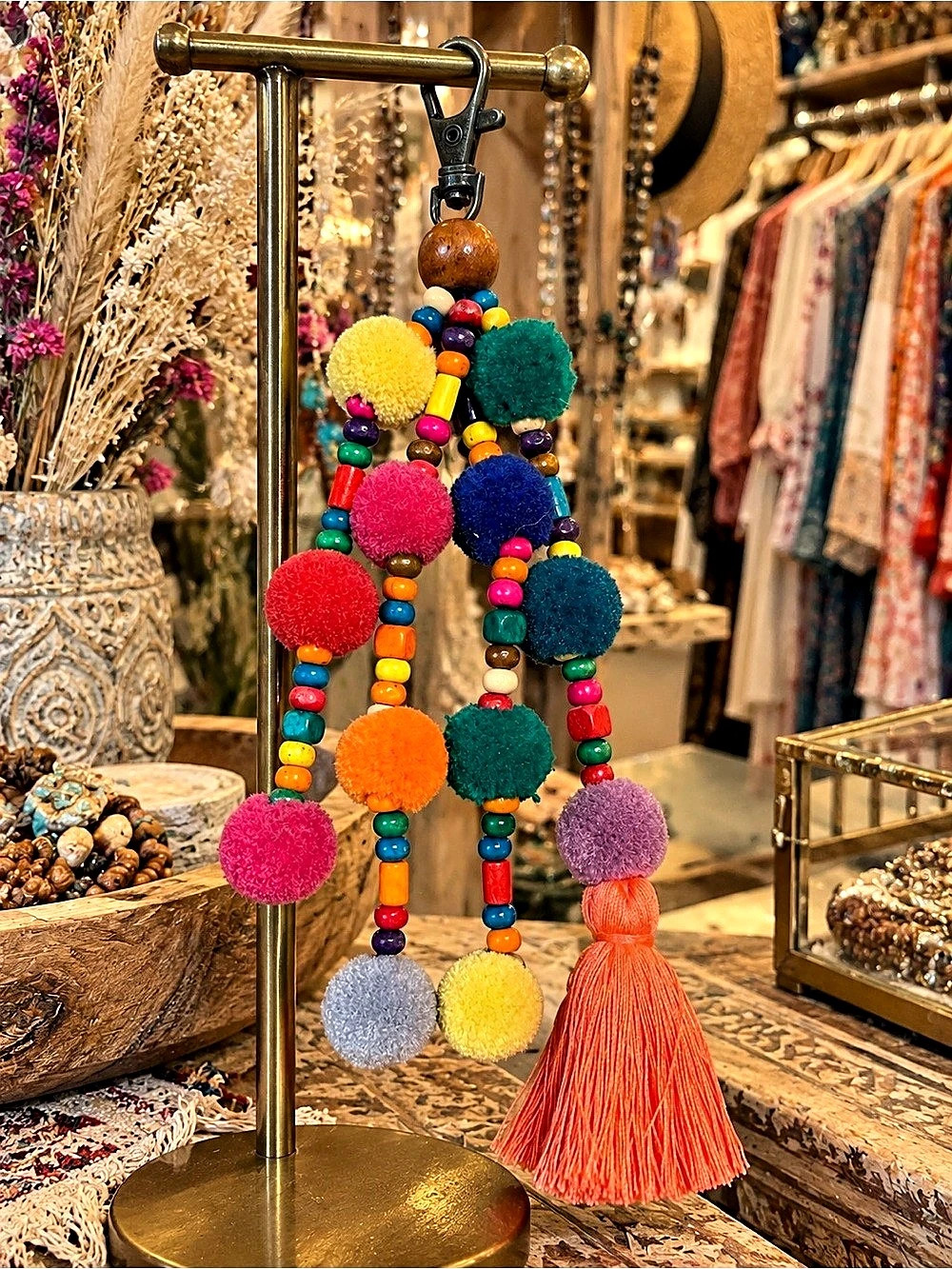 Multicolor Beaded Pom-Pom Bag Charm Keychain